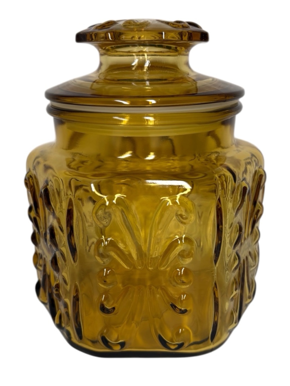 #3 Vintage LE Smith Atterbury Scroll Amber Glass Canister Apothecary Jar